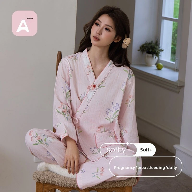 

Women‘s 2-Piece Nursing Pajama Set, Cute Cartoon Double Gauze, Long Sleeve Breastfeeding Top, Breathable Spring Fall Loungewear