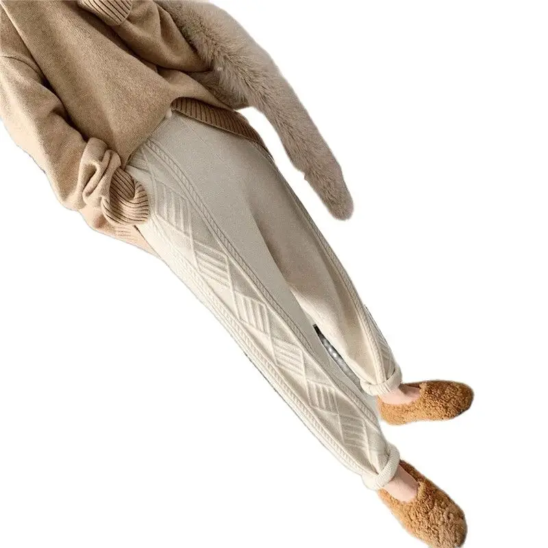 Winter Warm Knitted Sweatpants Women'S Casual High Waist Thick Harem Ankle-Length Pants Korean Loose Sweater Pantalones New