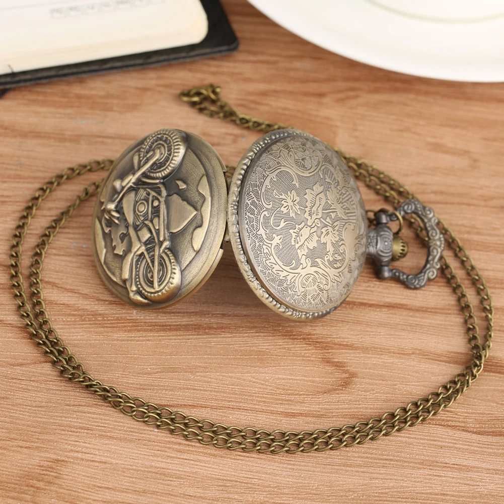 Antique Bronze Motorcycle Motorbike MOTO Pocket Watch Necklace Pendant Men Gift P79