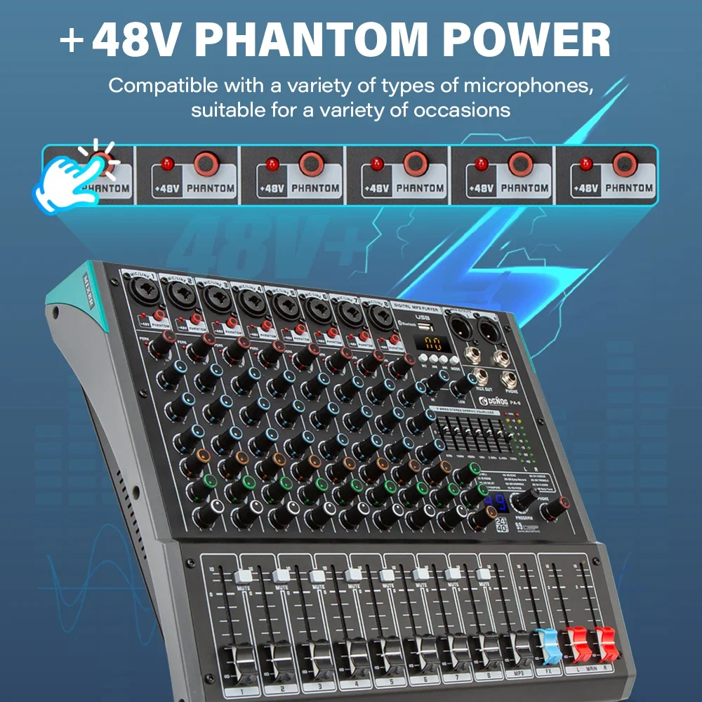 Professional Performance 12 Channel Audio Mixer DJ Console 99 DSP Reverb Bluetooth USB Suitable for Stage Performances DGNOG