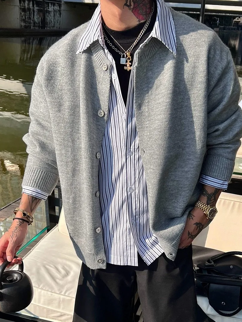 

Faionable Plaid irt Collar Splicing Knitted Sweater Men's Autumn Winter Warm Outerwear Trendy Long Sve Knitwear Coat