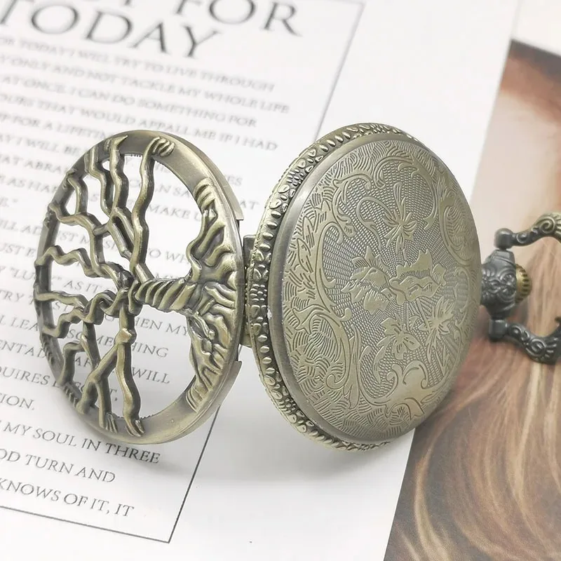 Bronze Hollow Tree of Life Design Pocket Watch Roman Numerals Quartz Pocket Watches with Chain Necklace for Men Women