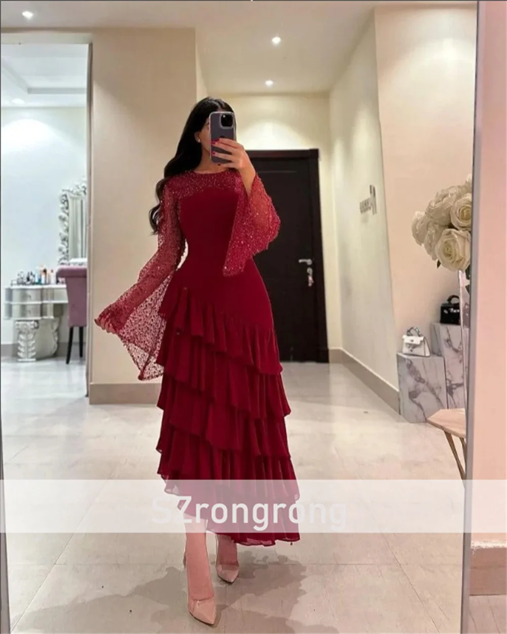 radiant o-neck 새틴 계층화 된 프릴 스트레이트 정장 이브닝 드레스 긴 소매 긴 공주 사우디 가운 스팽글 맞춤형