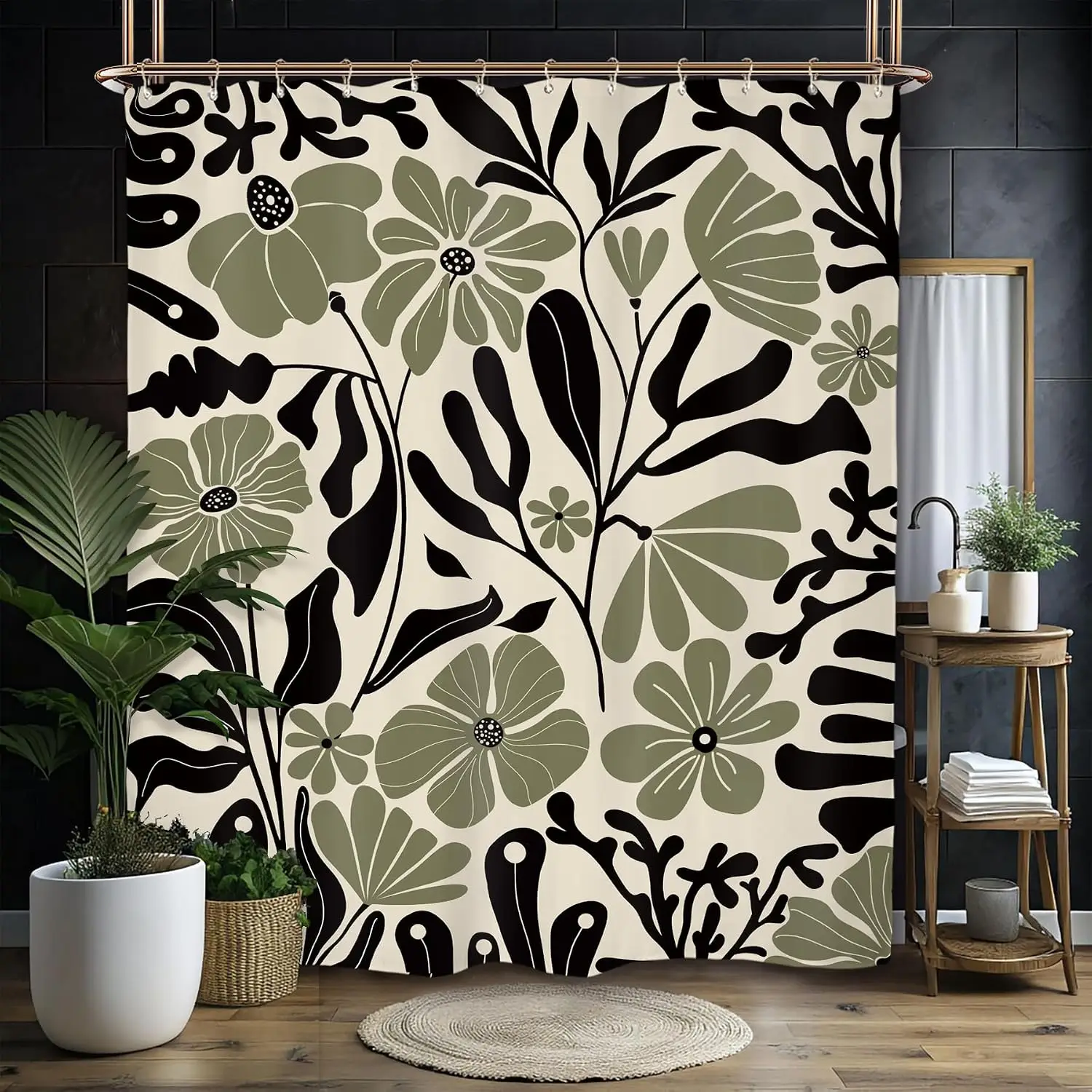 Vintage Floral Shower Curtain, Retro Olive Green Black Botanical Print Mid-Century Modern Bath Decor Waterproof Polyester Fabric