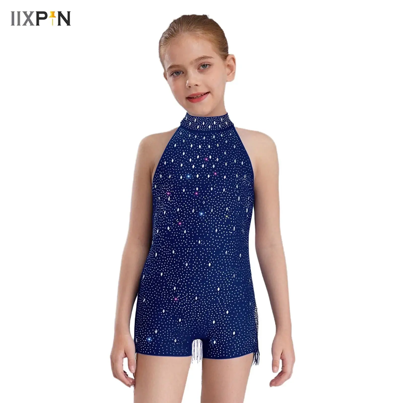 

Kids Girls Latin Jazz Dance Fringed Jumpsuit Halter Sleeveless Backless Shiny Rhinestones Bodysuit for Performance Competition