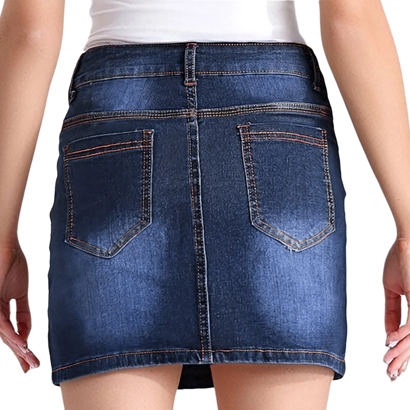 Women Deep Blue Dye Denim Mini Skirt High Waist Pockets Mini Pencil Skirt for Daily Casual Office Shopping Girls Summer Outfits