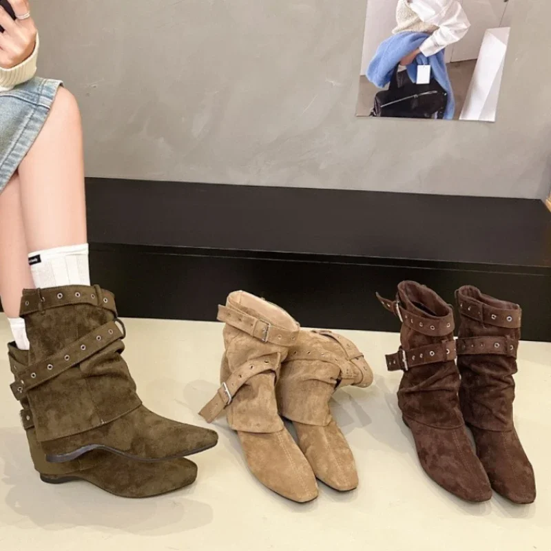 Vintage Western Cowboy Women Short Boots Faux Suede Square Toe Metal Buckle Belt Internal Elevation Shoes Botas Mujer Boots