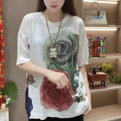 Minimalist Commuter 2024 Summer New Women's Pullovers Crew Neck Printed Diamonds Loose Elegant Tops Half Sleeve Casual T-shirt