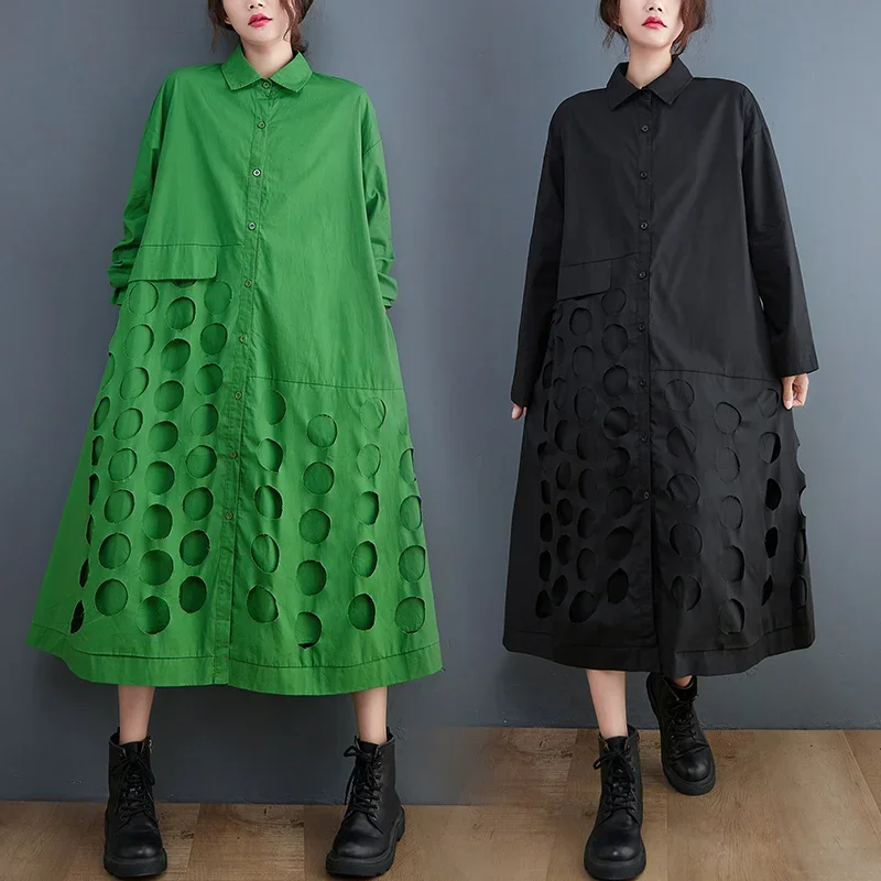 

Black Green Long Shirt Dress Woomen Loose Turn-down Collar Button Front Shirt Dress Long Sleeve Loose Irregular Dresses