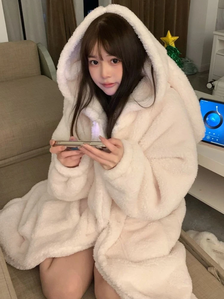 Robes Women Sleepwear Kawaii Solid Baggy Temper Rabbit-ear Winter Vintage Thick All-match Home Daily Cozy Tender Girl Ulzzang