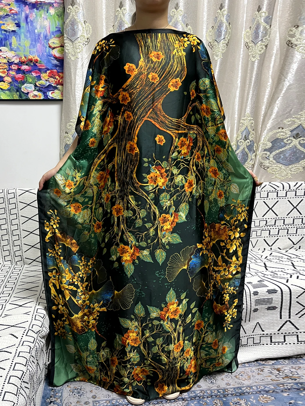 Muslim Silk Abayas For Women 2023 Summer Printed Leaf Pattern Loose Femme Robe African Nigeria Evening Patry Dresses With Turban