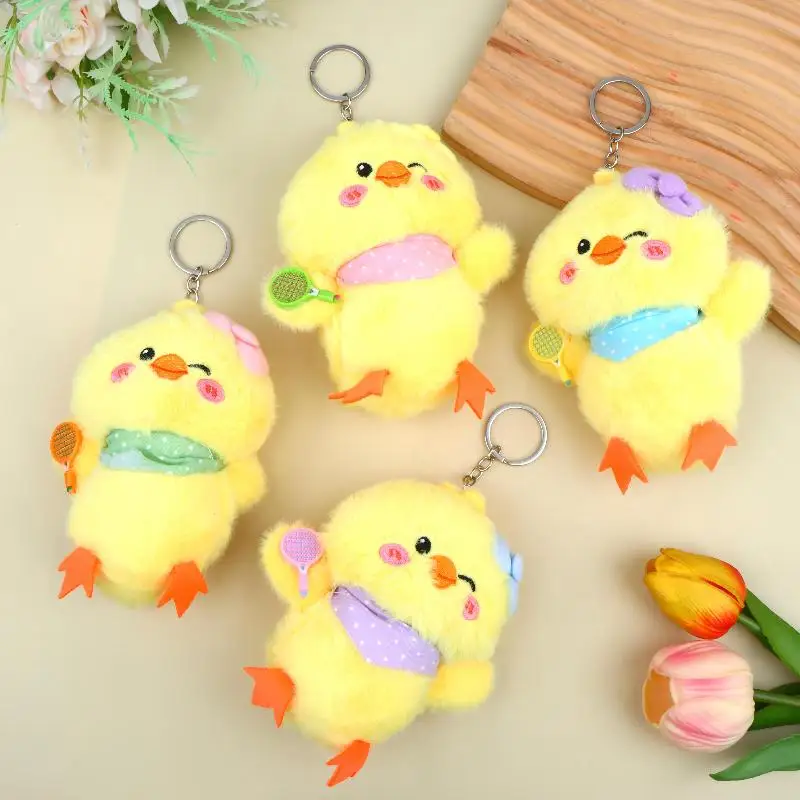 Yellow Duck Chick Plush Keychain Fluffy Cute Animal Doll Bag Charm Pendant Car Key Decor Graduation Gift for Students