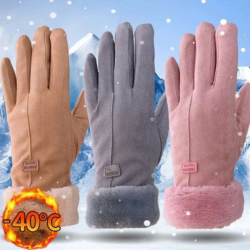 Women Fashion Chamois Gloves Winter Thicken Fluffy Fleece Furry Non-slip Plush Mittens Outdoor Warm Windproof Full Finger Gloves