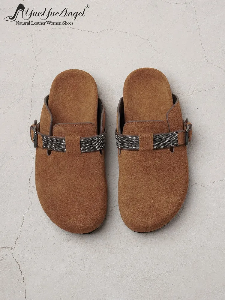 Womens Slippers Comfortable Fashion Footwear Cow Suede Daily Solid Color Buckle Strap Lady Shoes High Quality Handmade Hot Sale