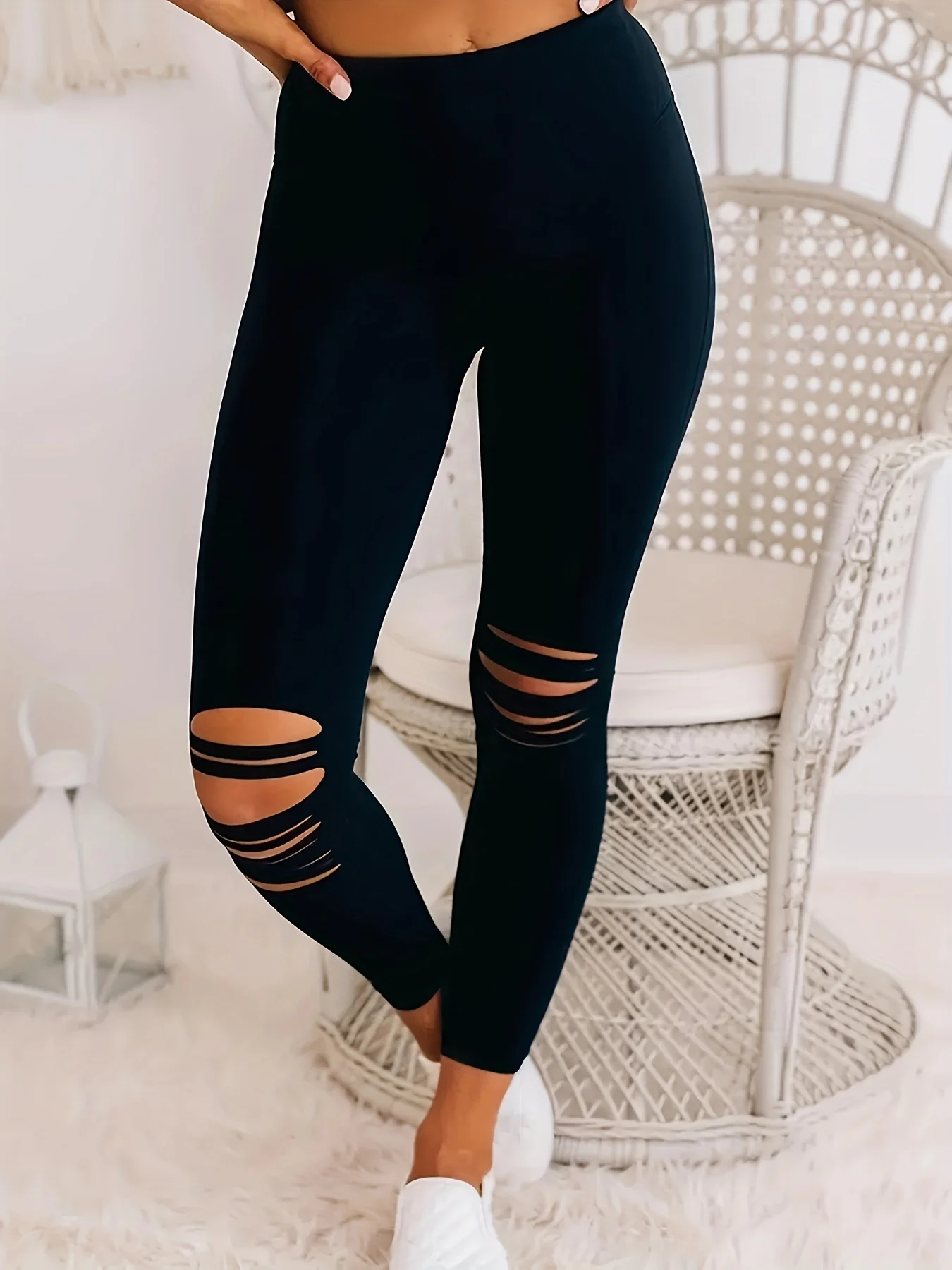 

High Waist Tight Ripped Leggings Women Europe And The United States Sexy High Elastic Sports Breathable Yoga Nine Point Pants