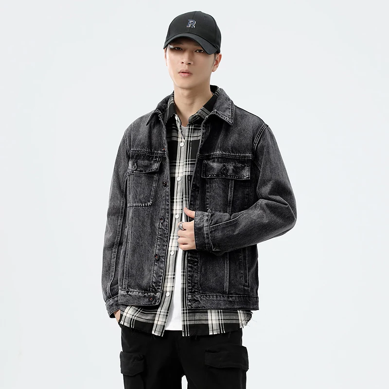 2026 Fall/Winter Grey Streetwear Brand American High-Street Washed Loose-Fit Plus-Size 5XL Workwear Pocket Denim Jacket for Men view 3