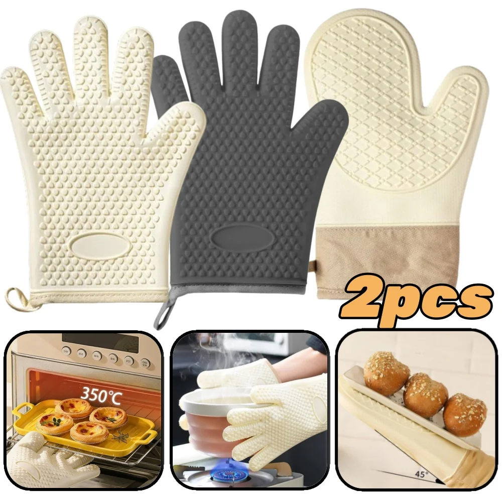 1/2pcs Heat-insulating Oven Gloves Anti-Scald Silicone Mitts for Cooking Baking BBQ Essential Microwave Protect Tool Kitchenware