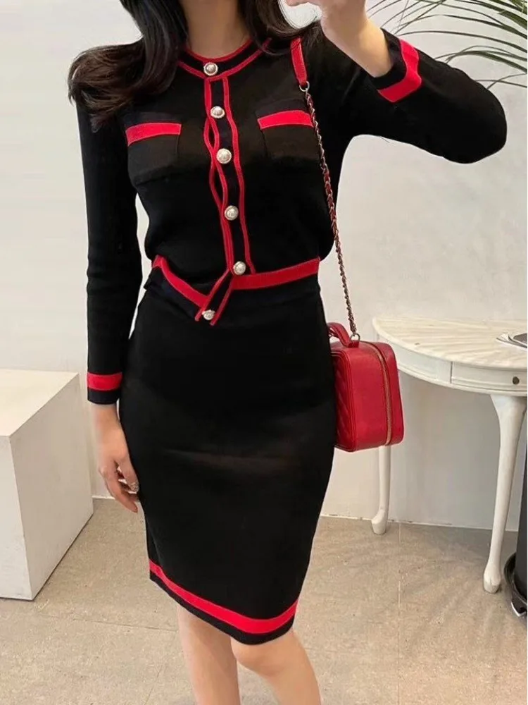 New Autumn Women Office Knitted Skirt Set Long Sleeve Pockets Cardigan Tops + High Waist Mini Skirt Knitting 2 Two Pieces Suits