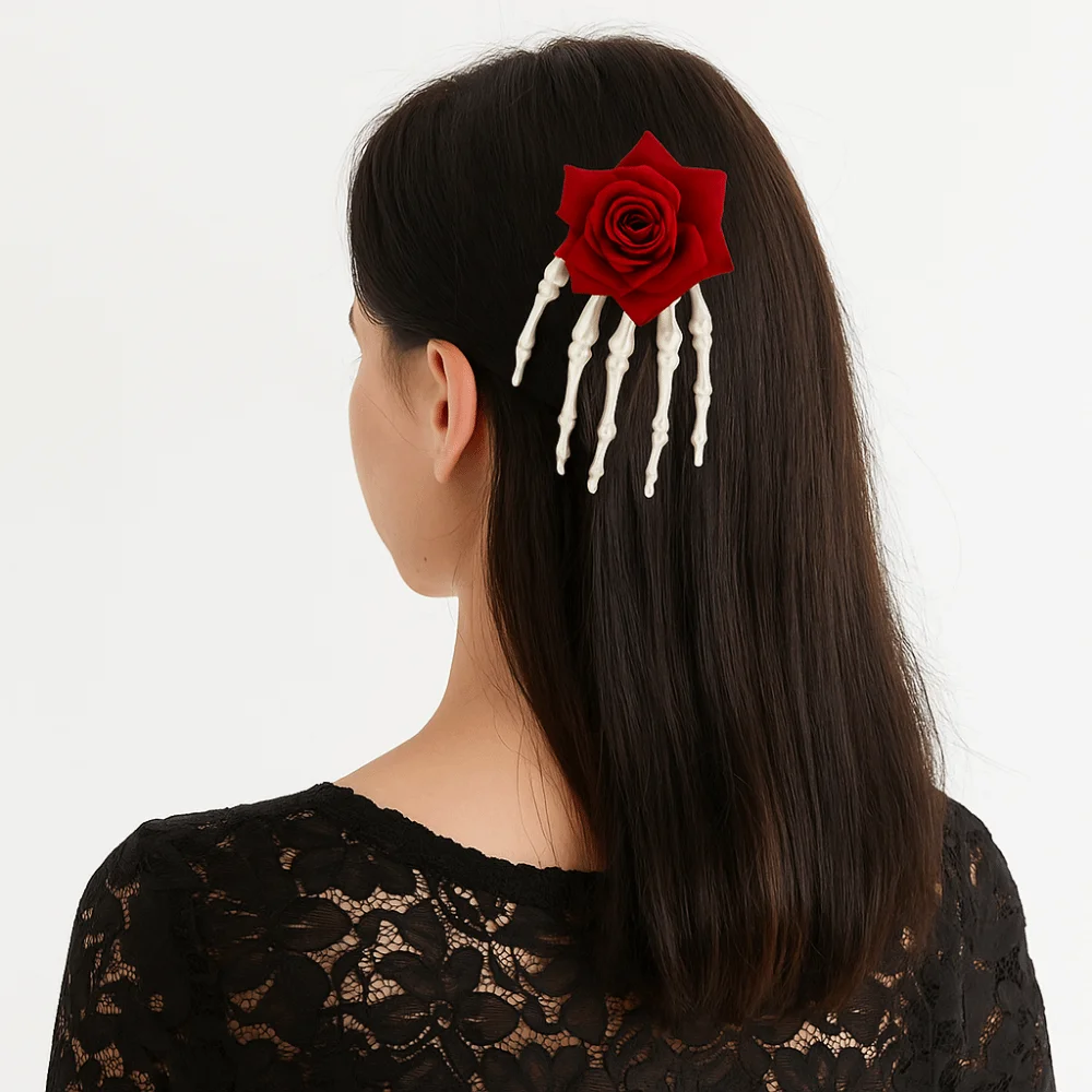 القماش شبح مخلب مشبك شعر زهرة تأثيري العرض الهيكل العظمي اليد روز دبوس الشعر لعبة الهالوين الهيكل العظمي هالوين أغطية الرأس