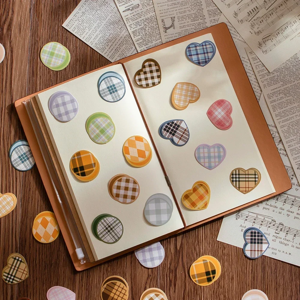 46pcs Mini Creative Retro Scrapbook Decoration Plaid Striped Heart Sticker Stationery For Kids Reward Handbook Diary Album Gift