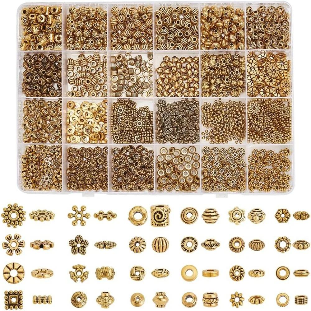 1200pcs Antique Golden Spacer Beads 24 Styles Tibetan Flower Square Snowflake Rondelle  Alloy Spacers Beads Loose