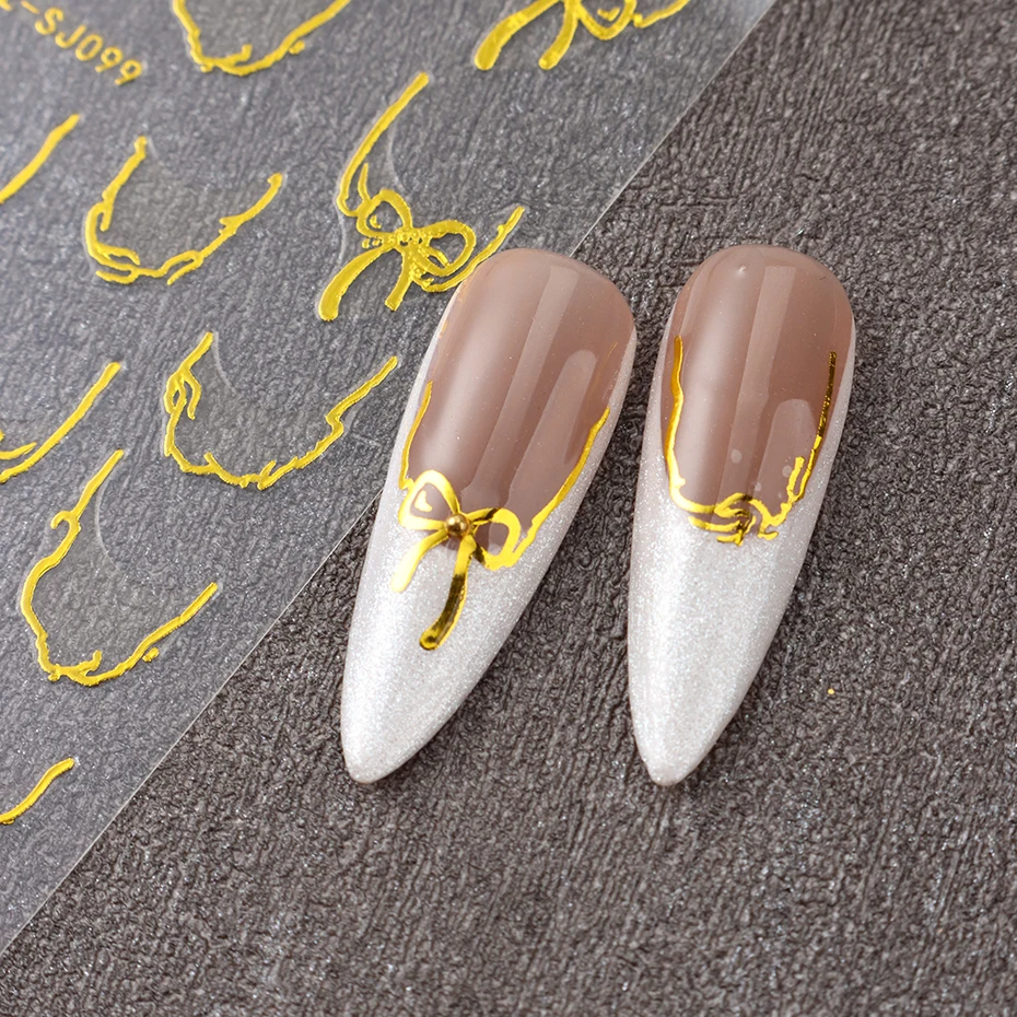 2개 골든 보우 노트 프렌치 라인 네일 스티커 크롬 효과 프렌치 웨이브 셀프 접착 데칼 네일 가을 네일 아트 데코