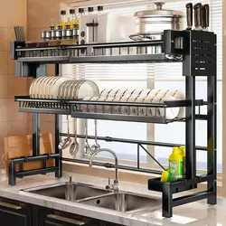 2 Tier Drainer Expandable Kitchen Sink Shelf Countertop Dish Organizer Sink Dish Rack Dish Rack With Chopstick Cylinder