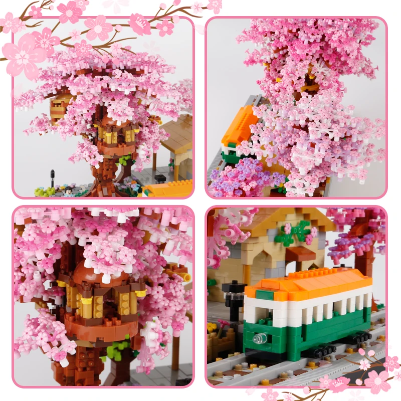 Mini ensemble de construction, blocs de construction, bonsaï, maison dans l'arbre, support d'arbre Sakura, ornements roses, jouet de décoration pour enfants