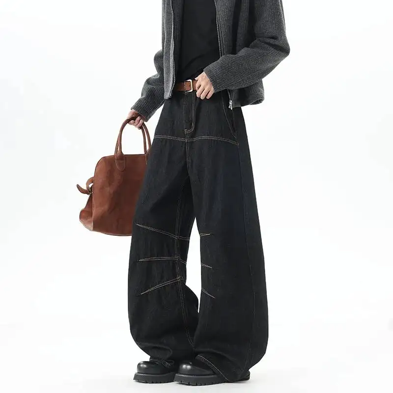 American Retro Deconstruction Visible Lines Decoration Men's Jeans Low Waist Solid Color Wide-leg Pants Winter News NGY67