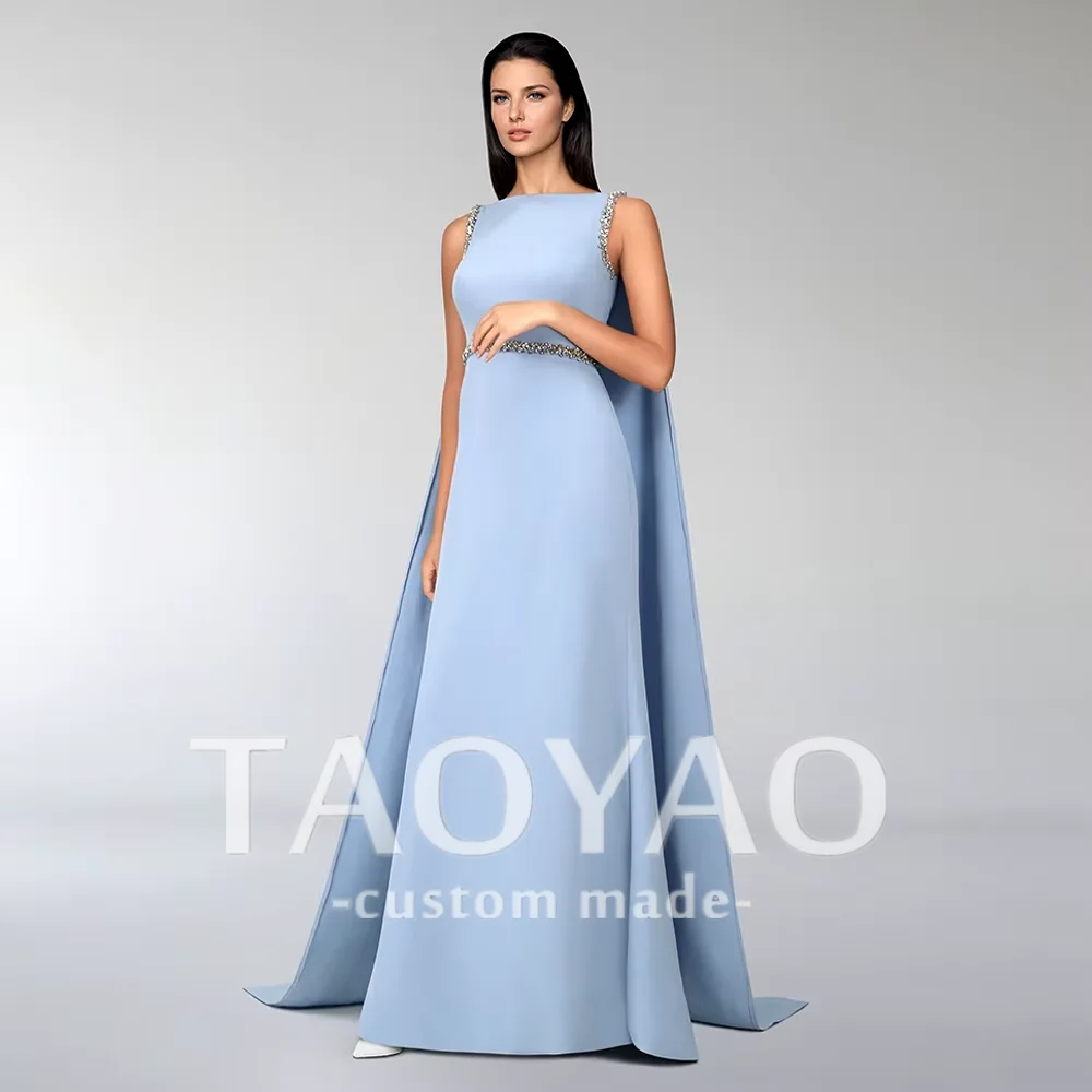 Sky Blue Evening Dress with Cape O-Neck Sleeveless Beading Stones A Line Arabic Prom Dresses Wedding Party Gown For Women