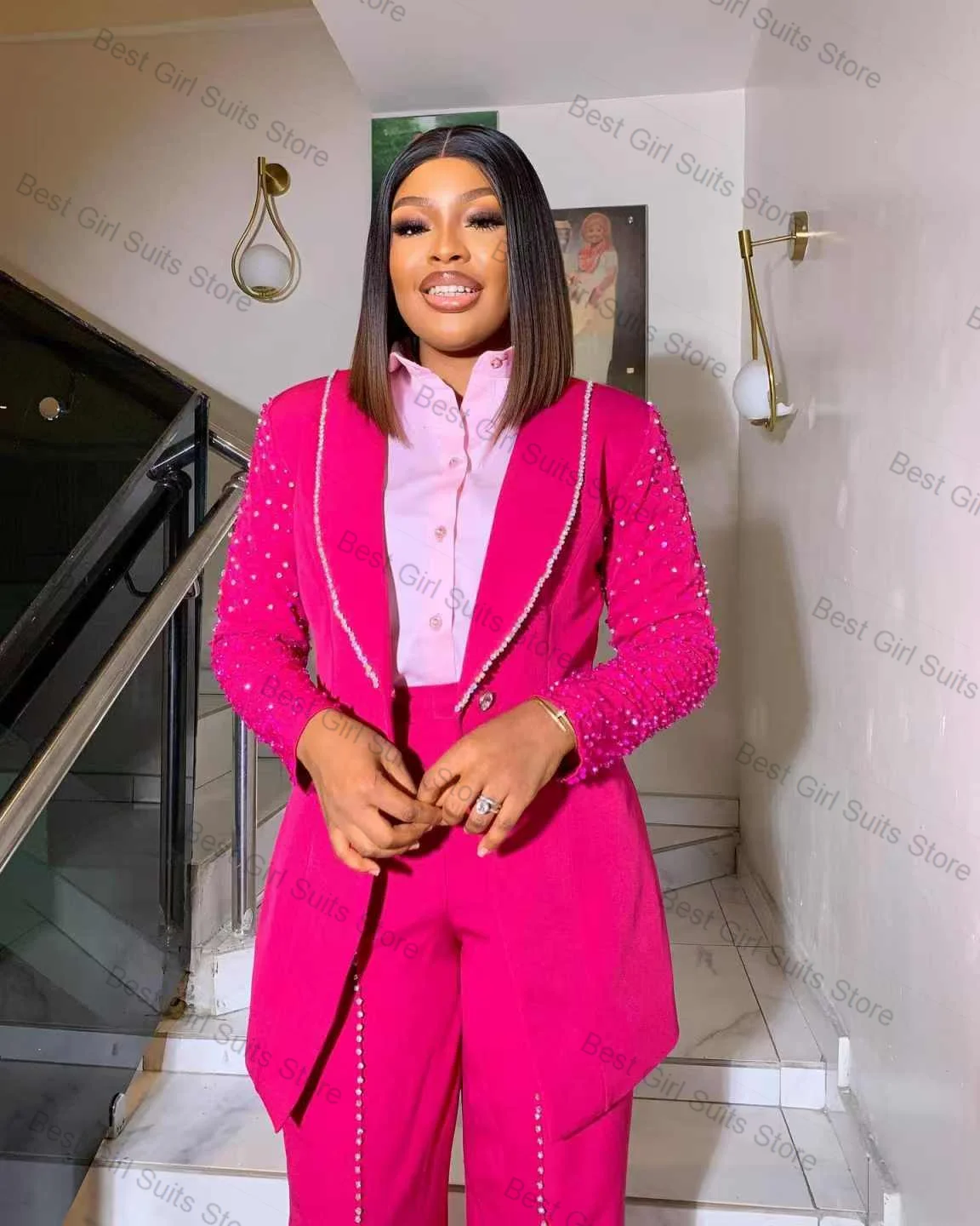 럭셔리 핑크 여성 정장 세트 2 조각 블레이저 + 바지 바지 반짝이 크리스탈 공식 오피스 레이디 자켓 맞춤형 웨딩 파티 코트