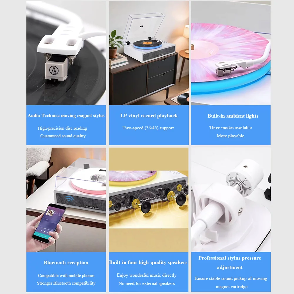 Retro-Schallplattenspieler, Phonograph, kabellos, Bluetooth, LDE-Lichteffekt, eingebauter Lautsprecher, AT 3600L, Stylus, Musik-Plattenspieler