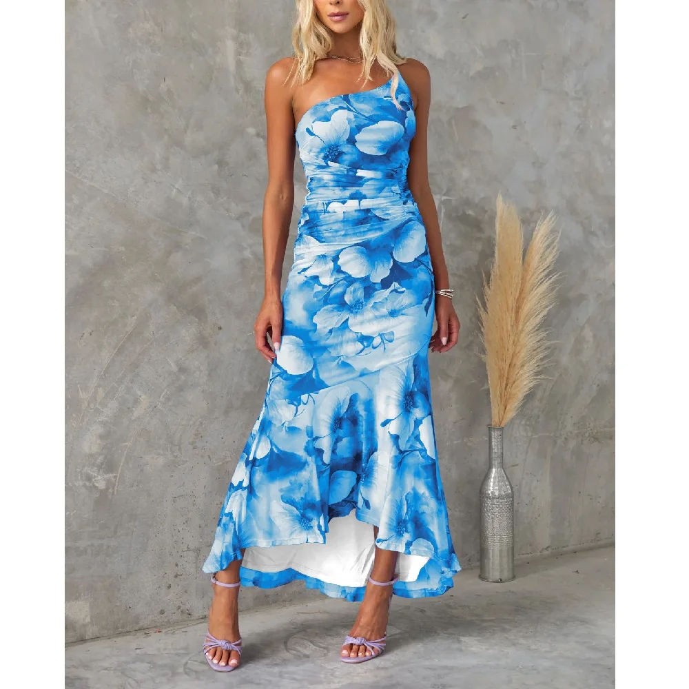 Vestidos largos de verano con cuello oblicuo para mujer, vestido largo de fiesta ajustado plisado con dobladillo con volantes y estampado Floral a la moda para mujer