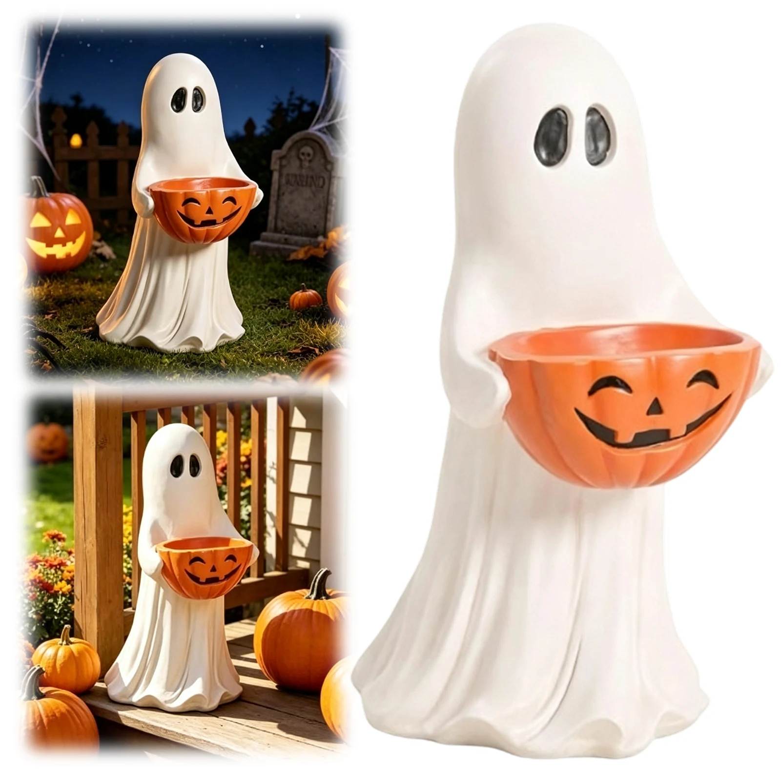 Resin Outdoor Ghost Pumpkins Figurine Weatherproof Trick Treat Candy Serving Bowls for Porch Yard Courtyard Lawn Terrace Decors
