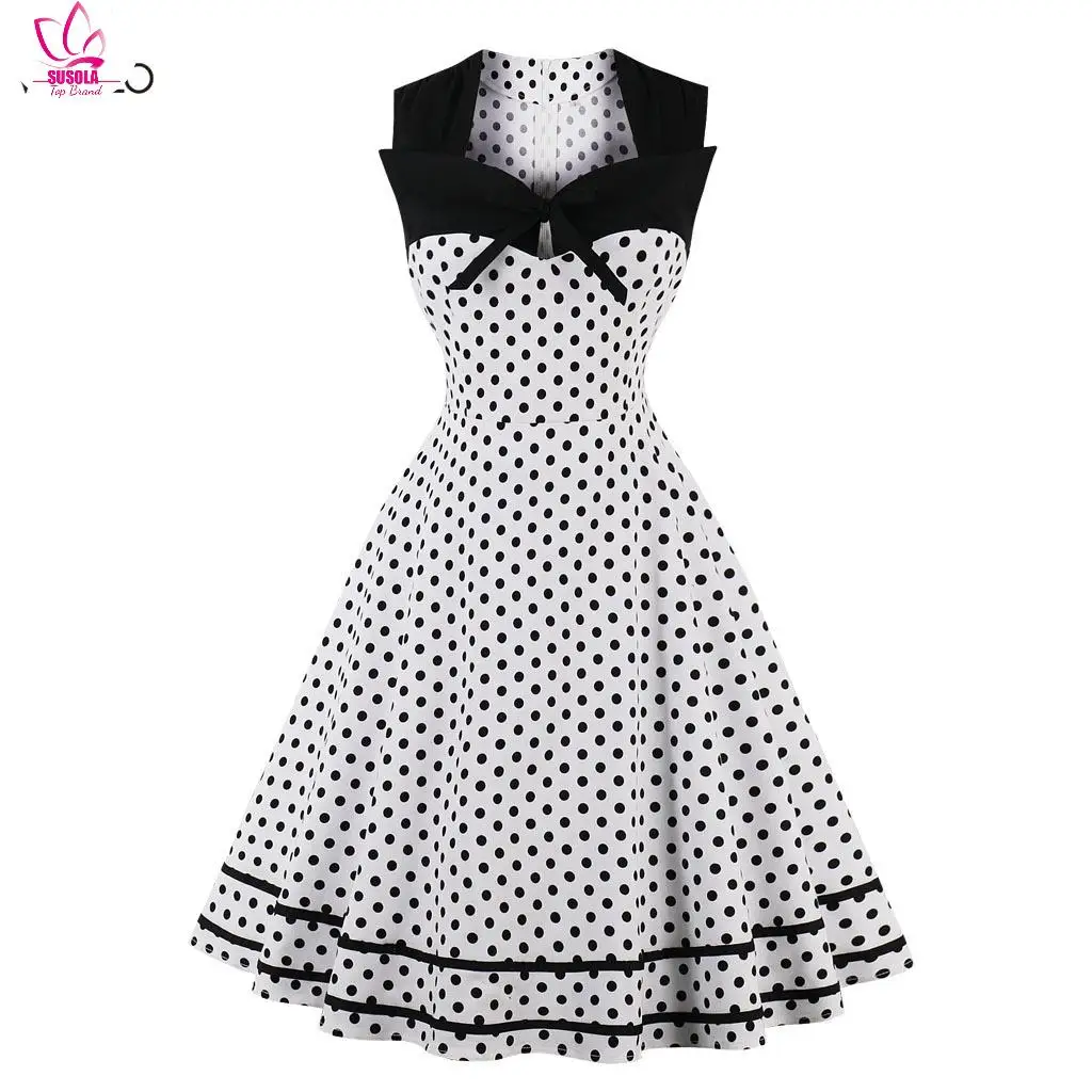 SUSOLA 50s 60s Vintage Retro Women Dress Sleeveless Polka Dot Party Vestido Elegant Patchwork Red A Line Dress Casual Big 4XL