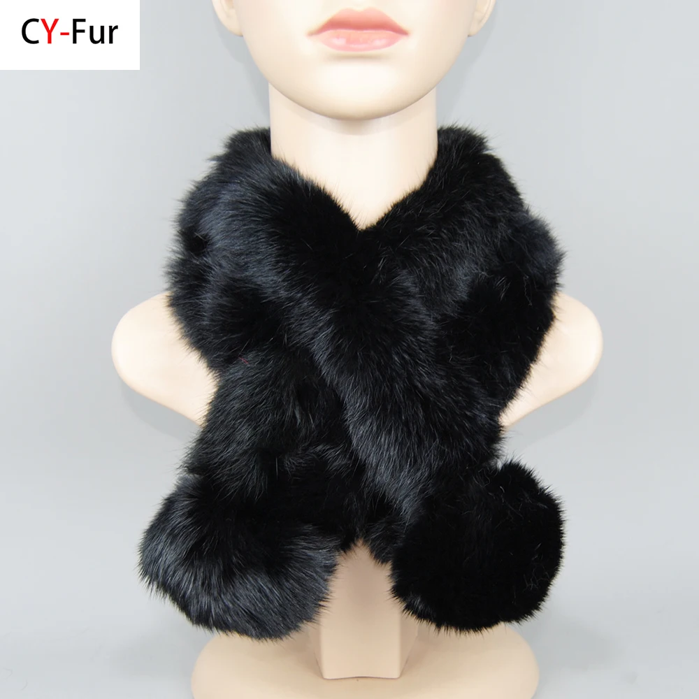 

2024 New Russian Women Genuine Rabbit Fur Scarf Winter Ladies Warm Real Rabbit Fur Muffler Fluffy Pompoms Natural Fur Scarves