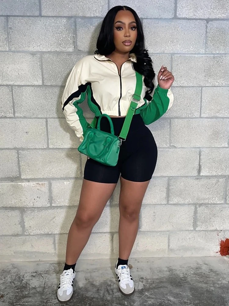

BWQ Patchwork Women's Set Long Sleeve Jacket Top and Shorts Suit 2025 Active Sweatsuit Two 2 Piece Set Outfit Tracksuit