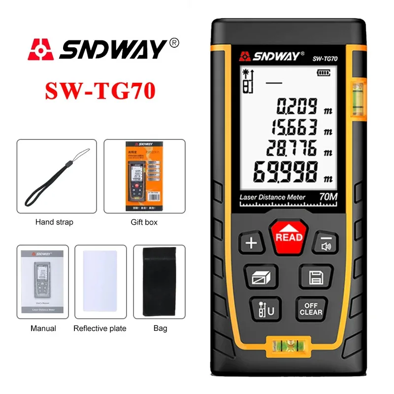 SNDWAY Laser Distance Meter 50M 70M 100M 120M Digital Tape Measure Rangefinder With Distance Area Volume Self-Calibration