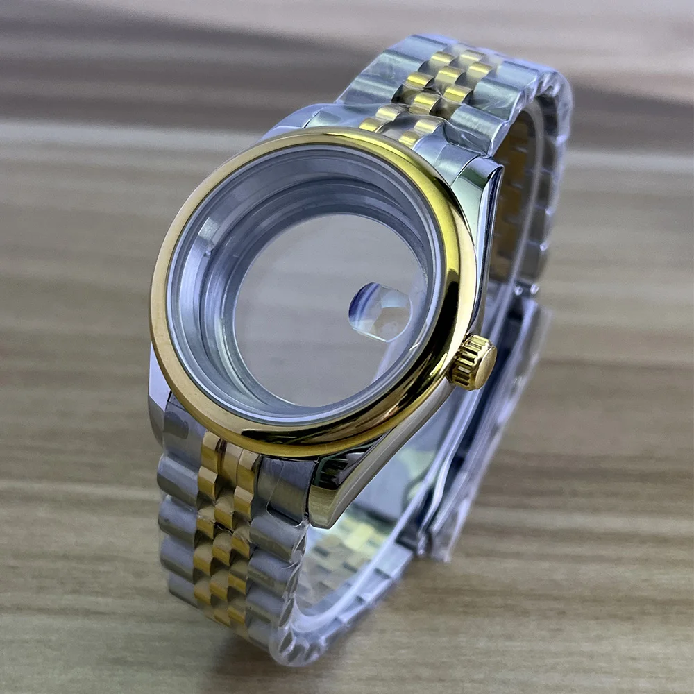 حافظة 36 مم/39 مم، إطار ذهبي، زجاج ياقوتي، سوار من الفولاذ المقاوم للصدأ، NH35، ملحقات تعديل ساعة الحركة NH36