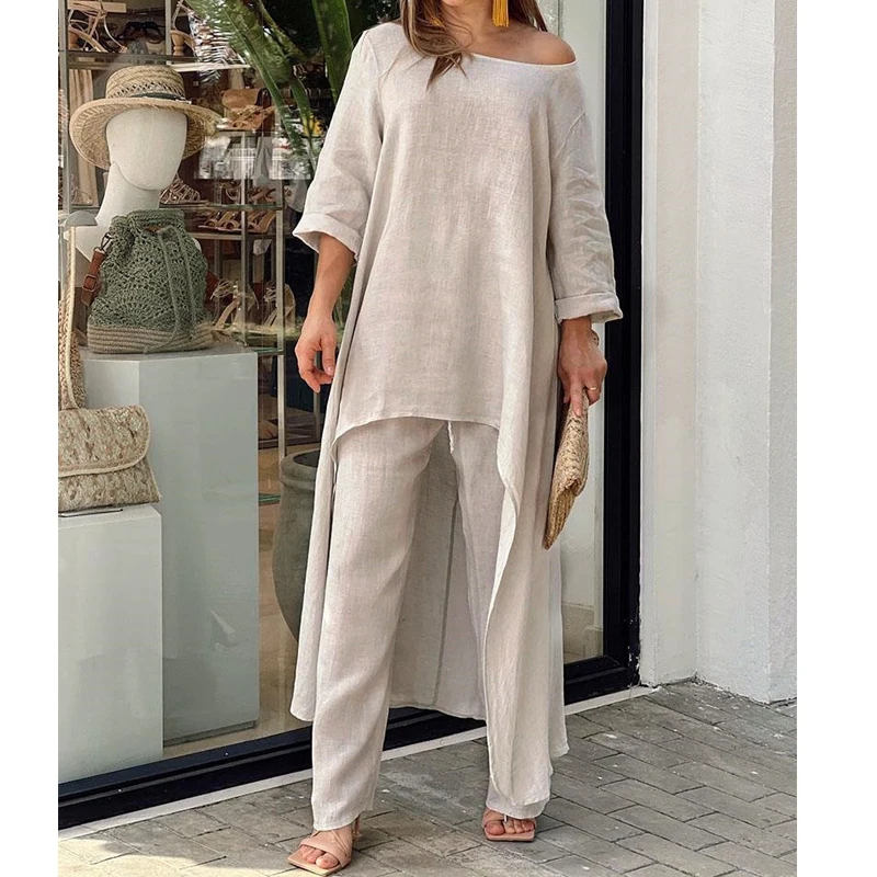 Fashion Cotton and Linen Loose Long Blouse Dress Elegant Women Casual Pants Irregular 2 Two Piece Set Suit O Neck Ladies Outfits