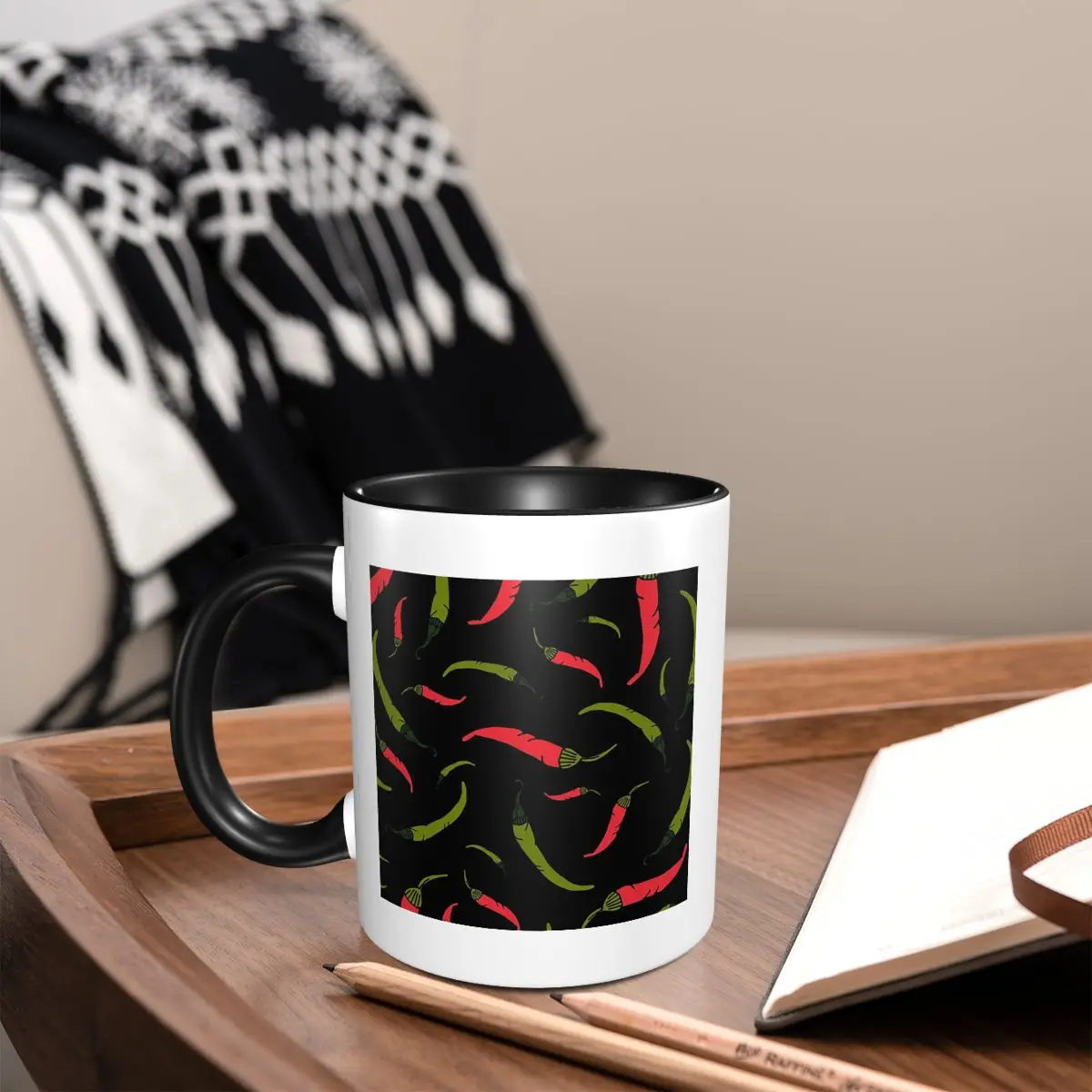 Red And Green Chilli Peppers On Black Mug Funny Ceramic Coffee Cups Tea Mugs Milk Cup Drinkware Gift for Woman Man