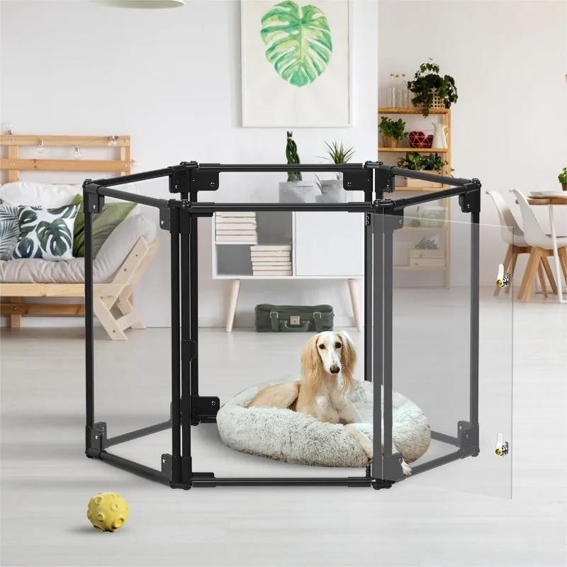 

Dog Playpen for Puppy Pets Clear Transparent Dog Fence (Black 6 Panel)