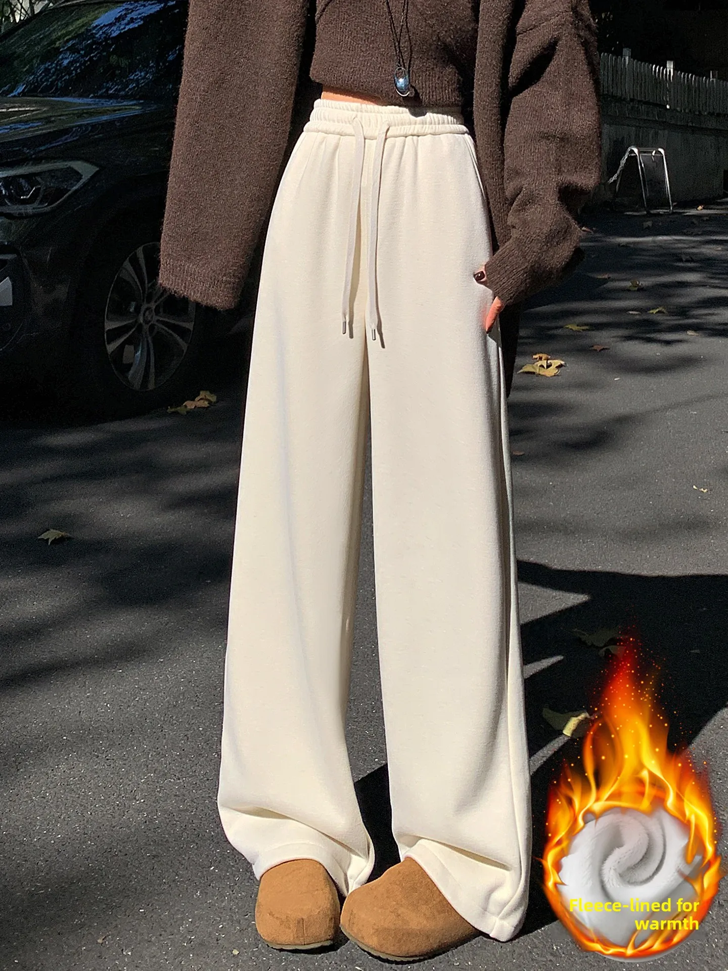 Women's High Waist Wide Leg Pants Winter New Sle Thiened Knitted Fce Lined Drapey Casual Pants Floor Length Trousers