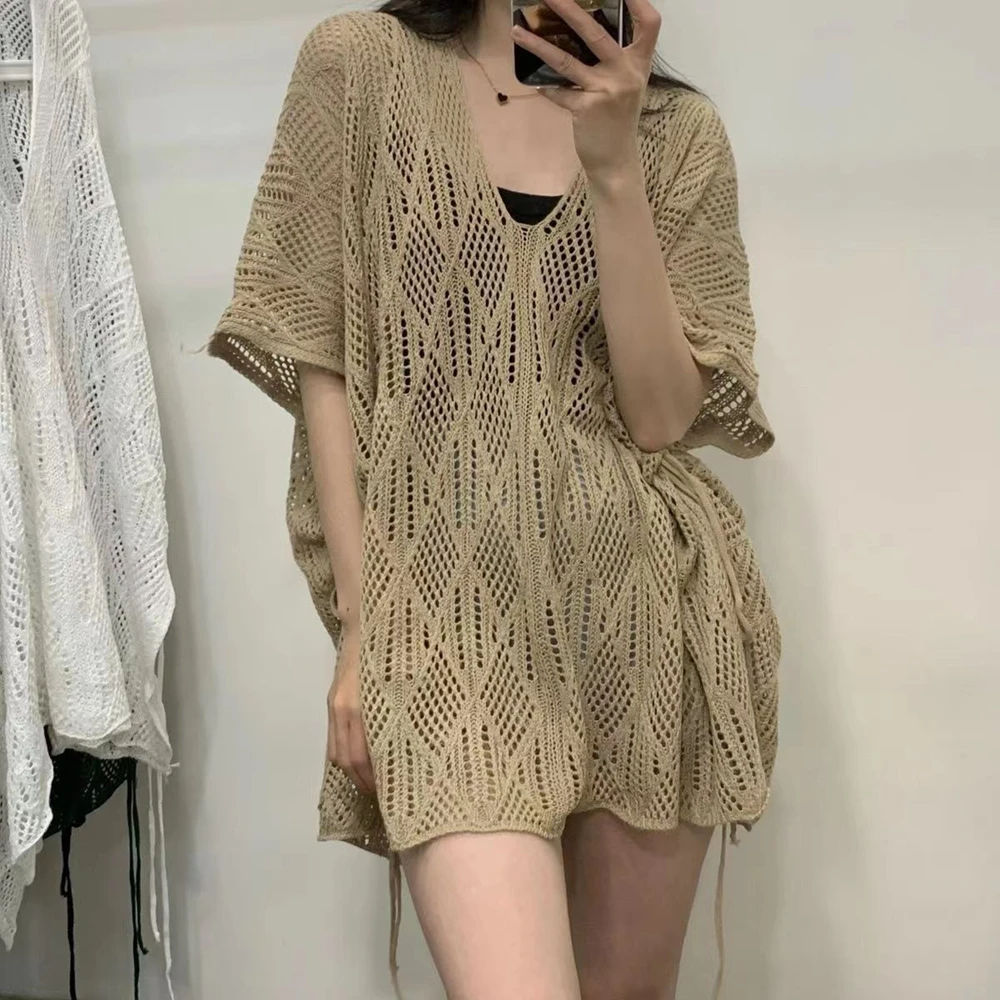 

Womens Beach Cover Up Hollow Out Knit Pullover Deep V-Neck Lace Up Sweater Female Short Sleeves Solid Knitwears Lady Smock