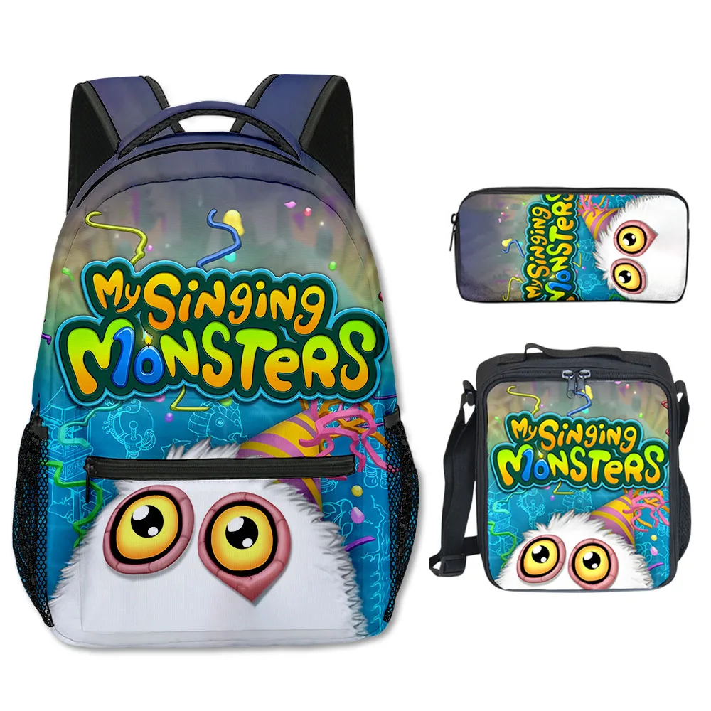 Novità alla moda Cool my singing monsters Stampa 3D 3 pezzi / set Borse da scuola per studenti Zaino per laptop Borsa da pranzo a tracolla Astuccio
