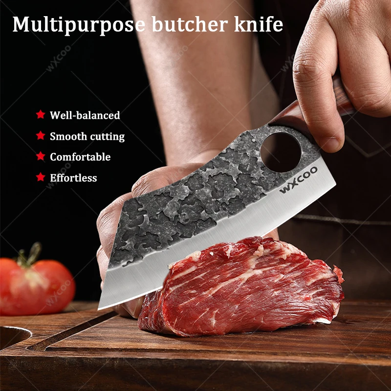 Professional Stainless Steel Boning Knife Handmade Forged Kitchen Meat Cleaver Wooden Handle for BBQ Meat Cooking with Cover