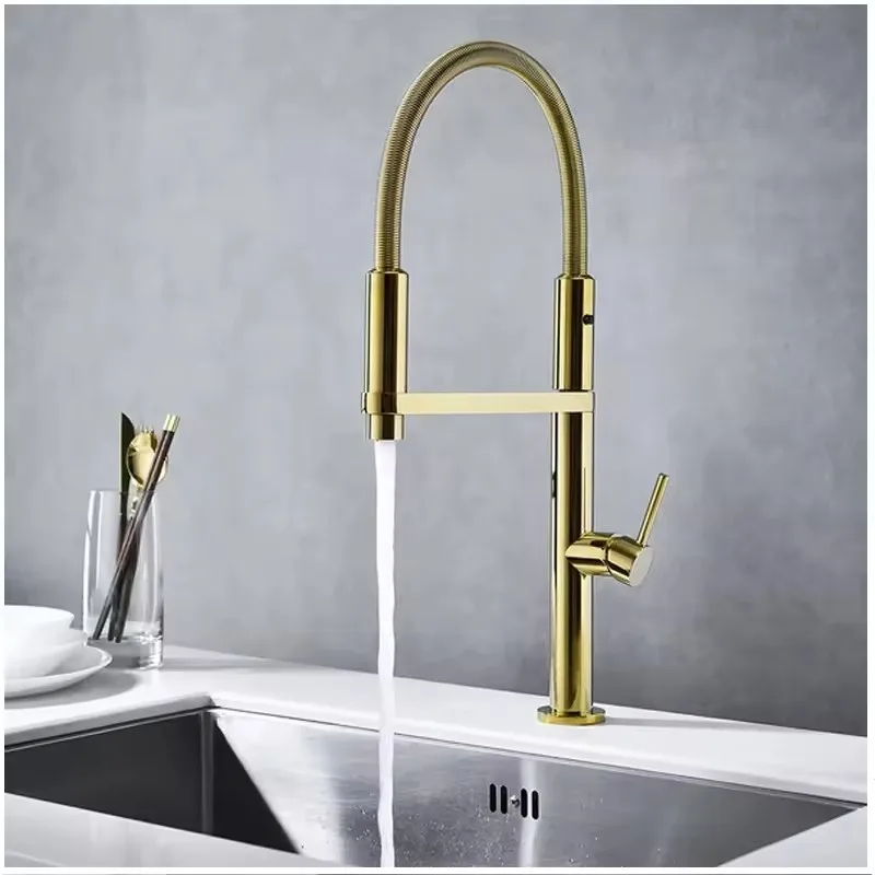 

New Style Faucet Gold Spring Brass Kitchen Faucet With Pull Down Sprayer Single Handle Kitchen Sink Tap