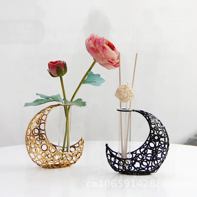 Nordic Creative Hydroponic Test Tube Plant Vase Wrought Iron Dried Flower Pendulum Living Room Decor Gold Black Desktop Ornament