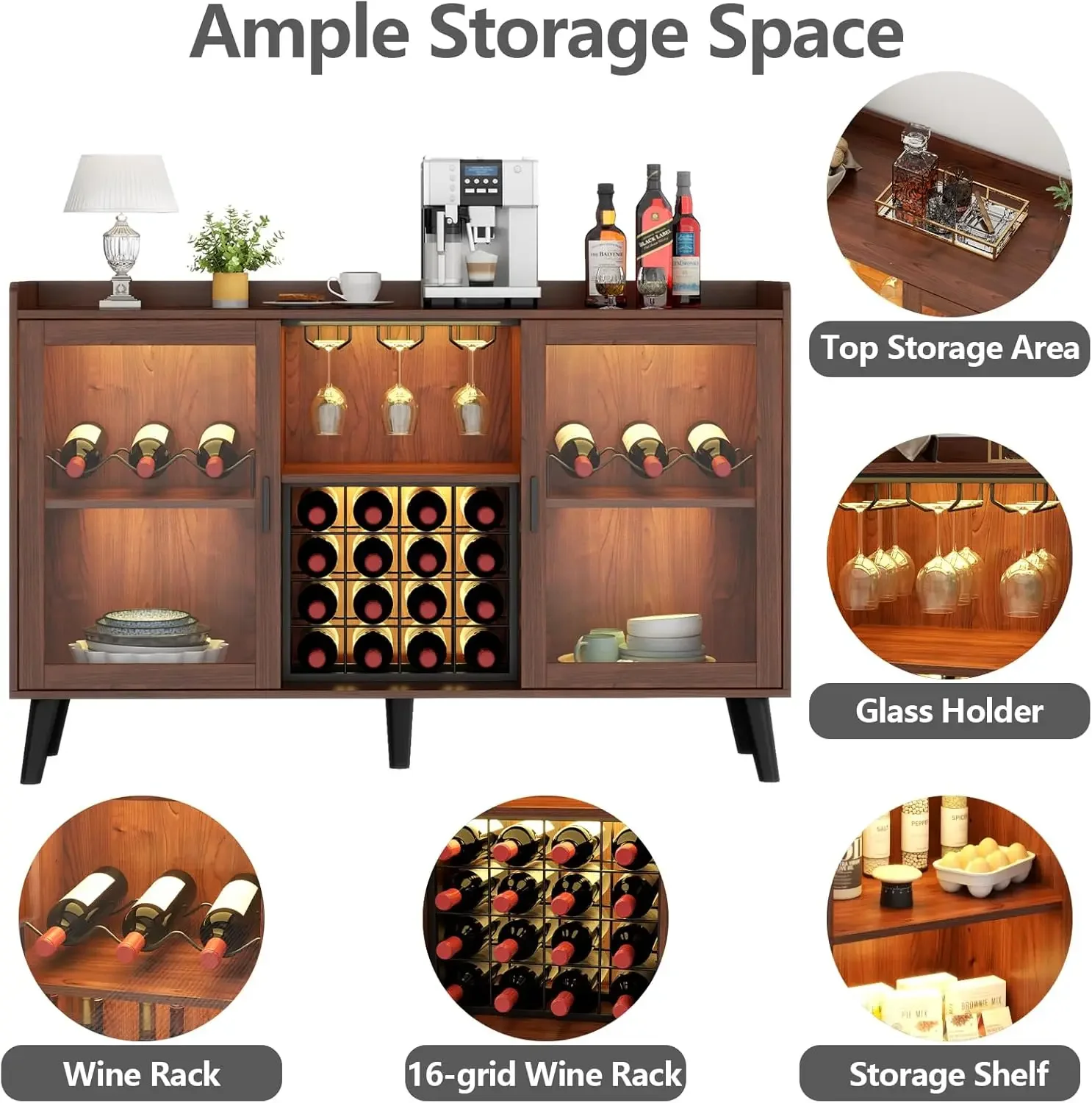 Weinbarschrank mit LED-Licht, Kaffeeschrank für Zuhause mit Wein- und Glasregal, Küchenbuffet-Sideboard mit Ablageflächen