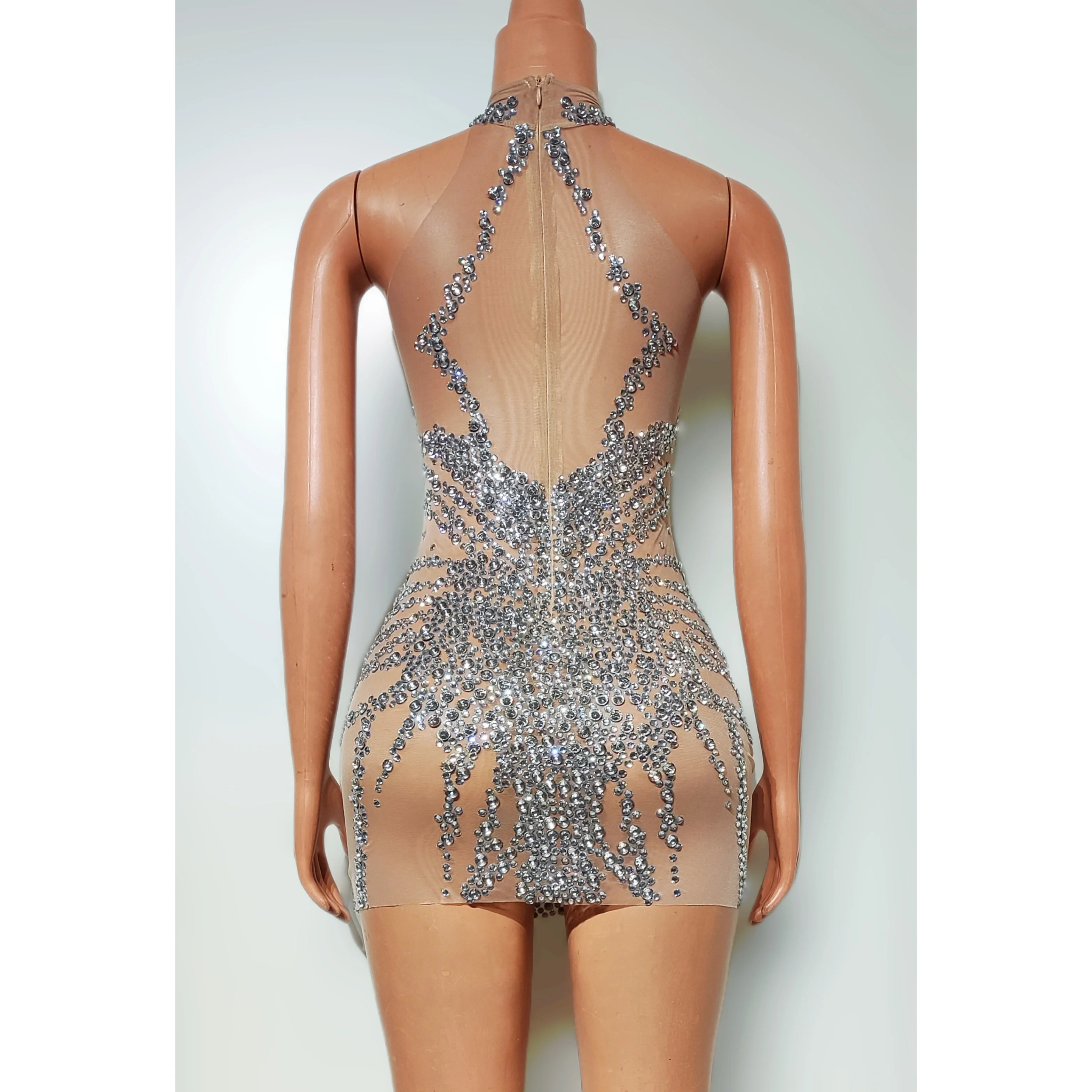 여성 섹시 숏 드레스 실버 라인스톤 투명 타이트 메쉬 생일 파티 이브닝 파티 공연 가수 무대 의상